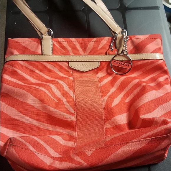 COACH Hot Coral Signature stripe zebra tote bag - Picture 2 of 5